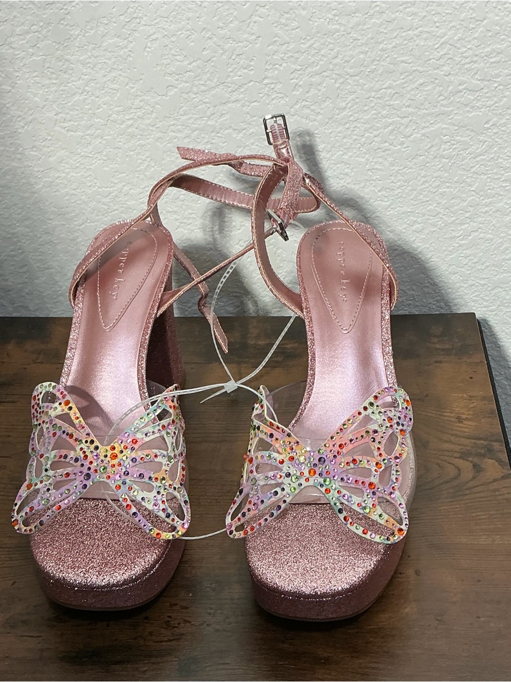 Copper Key Rose Pink Glitter Platform Sandals with Rhinestone Butterfly